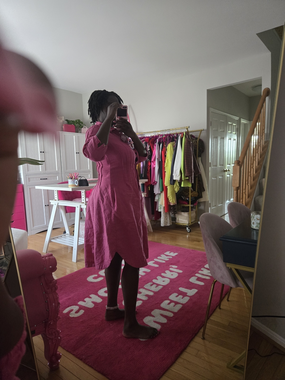 Pink Linen Button-Front Midi Dress - Picture 3 of 6